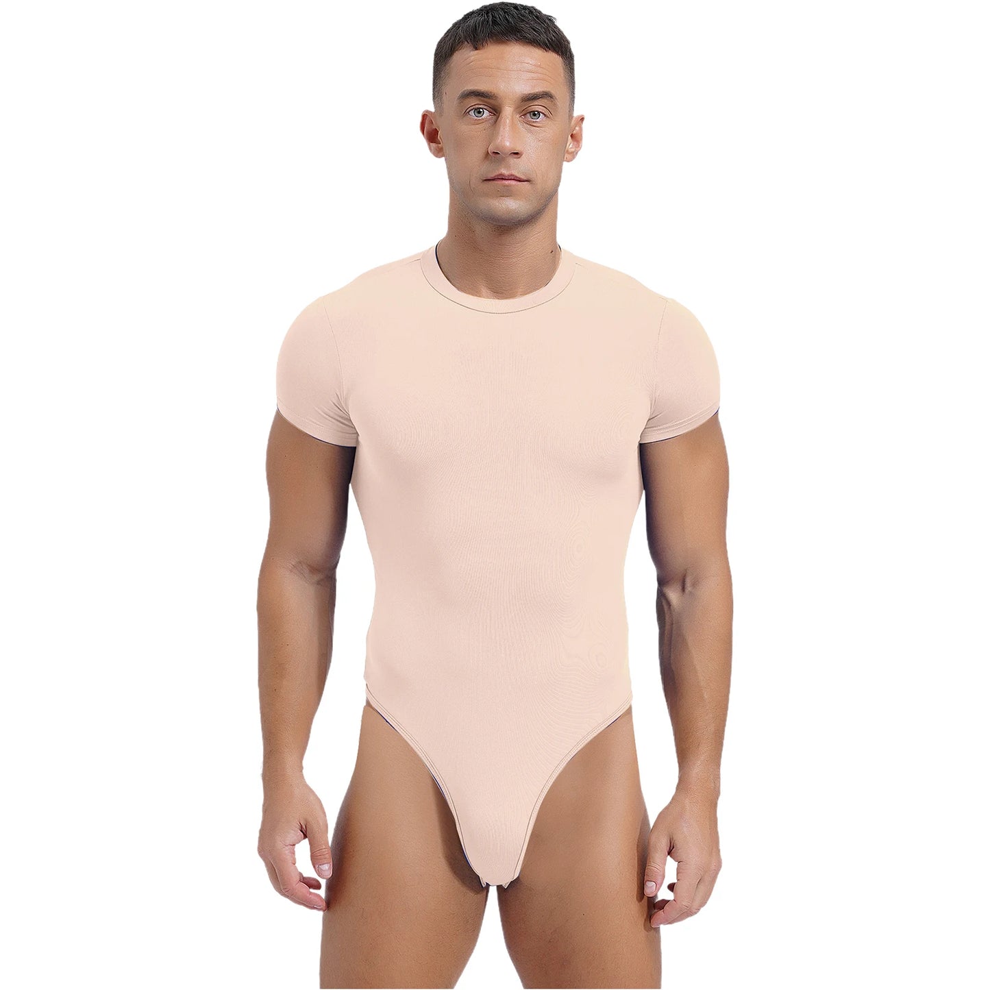 Mens Athletic Bodysuit Shirt Round Neck Short Sleeve High Cut Leotard Button Crotch Jumpsuit Rompers Bodybuilding Yoga Underwear