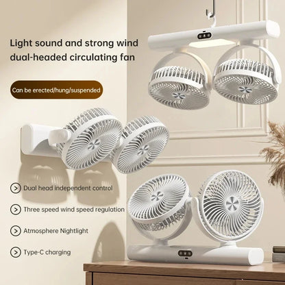 Rechargeable 3 Speed Desk Fan with Light, Dual Head Air Circulation Fan, Type-C Charging, Multi-Mount Portable Air Circulator