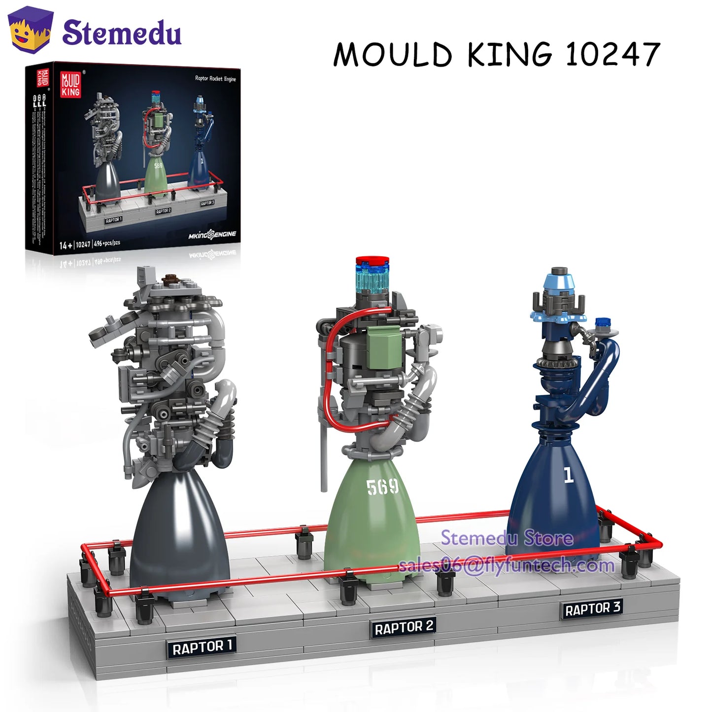 Mould King 10247 Raptor Rocket Engine Building Blocks Science and Education Model Power Drive Kids STEM Toy Adults Creative Gift