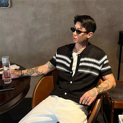 2026 Summer Men's Button Cardigan Knit Short Sleeve T-Shirt Fair Isle Cleanfit Casual Polo Shirts Stripe Color-Block Collar Top