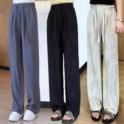 Ice Silk Slim Wide Leg Pants Women's Summer Drapey High Waist Straight Casual Lazy Floor Length Pants Cool Pants