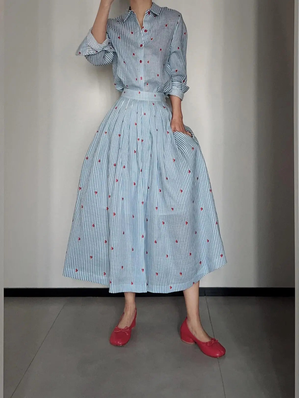 Blue Striped Linen Set Women's Long Sleeve Heart Print Blouse Half Skirt Two Piece Set Summer Fashion Ensemble for Young Women