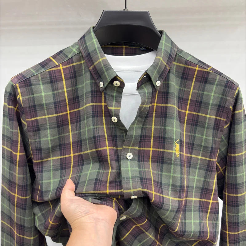 Embroidered Cotton Long Sleeved Shirt for Men in Spring and Autumn, New Plaid Shirt for Casual and Loose Fit, Business Men