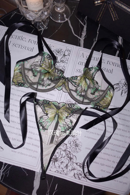 Ultra-Thin Sexy Lace Sheer Lingerie Set For Women French Butterfly Embroidery Push Up Bra Soft Underwire Support Date Night Wear
