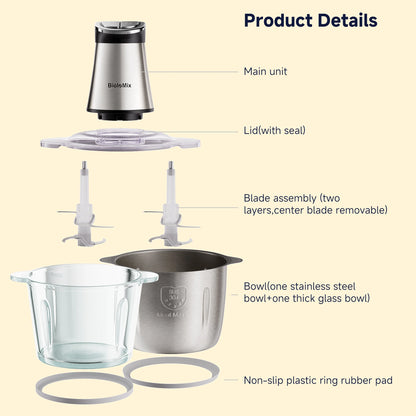 300W Mini Electric Food Chopper Food Processors with 2 Bowls, 4 Bi-Level Blades, Meat Grinder for Baby Food