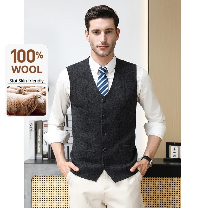 High End 100% Wool New Autum Winter Fashion Brand Knit Cardigan Slim Fit Sweater Vest V-neck Sleeveless Casual Mens Clothing