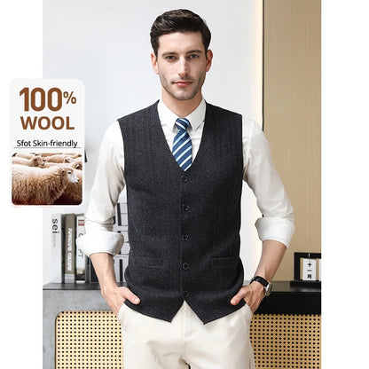 High End 100% Wool New Autum Winter Fashion Brand Knit Cardigan Slim Fit Sweater Vest V-neck Sleeveless Casual Mens Clothing