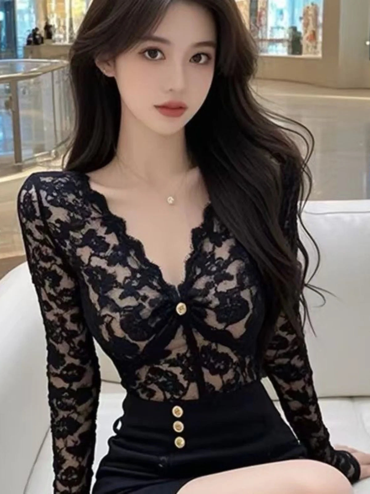 Fleece Lined Thickened Sexy V-neck Lace Shirt Autumn Winter New Style High Waist Slimming Long Sleeve Inner Wear Top