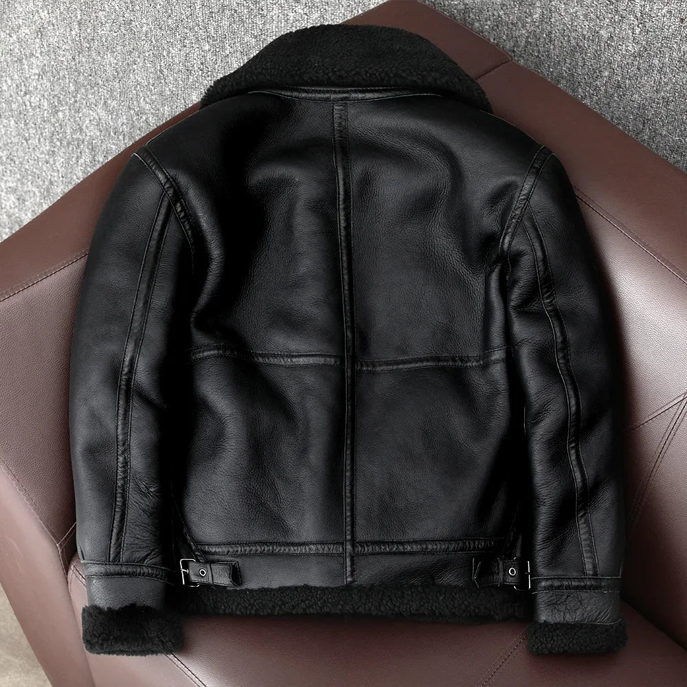 B3 Male Coats Vintage Brown Biker Man Clothing Men's Sheepskin Genuine Leather Jacket Winter Warm Shearling Wool Fur Coat