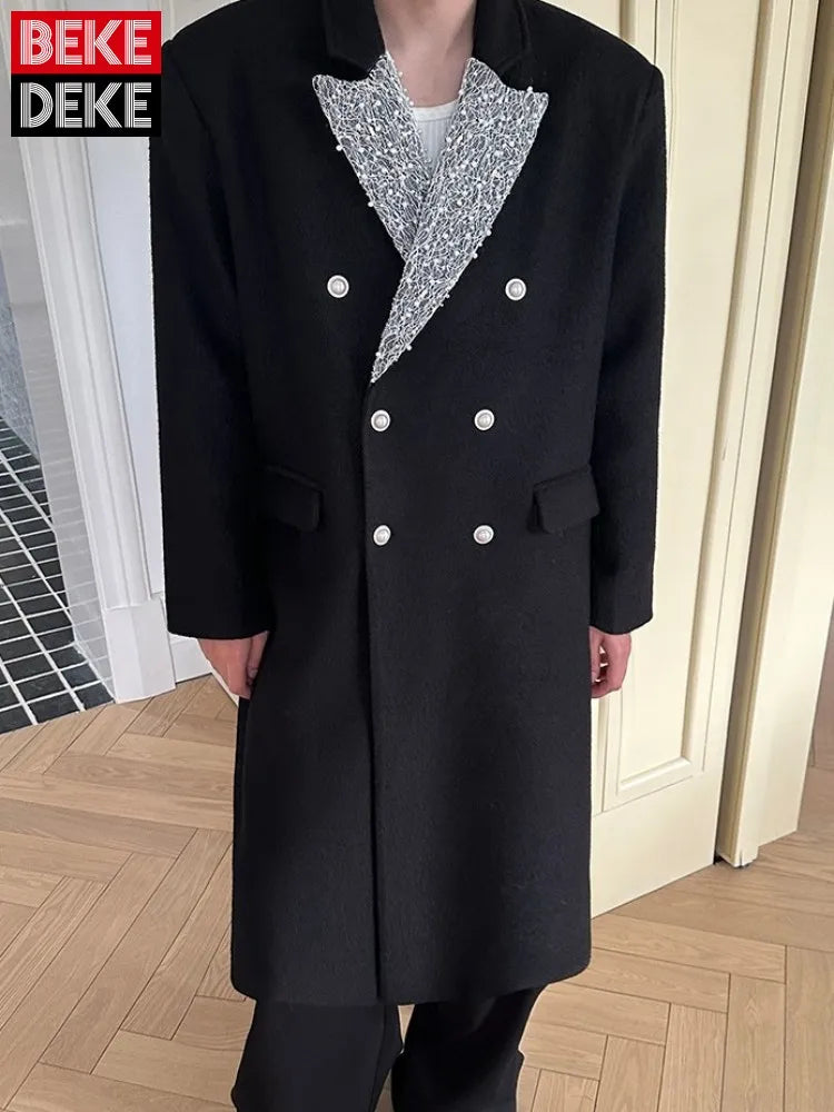 New Mens Designer Autumn Winter Woolen Coat Double Breasted Loose Fit Elegant Party Overcoat Casual Office Men Fashion Trench