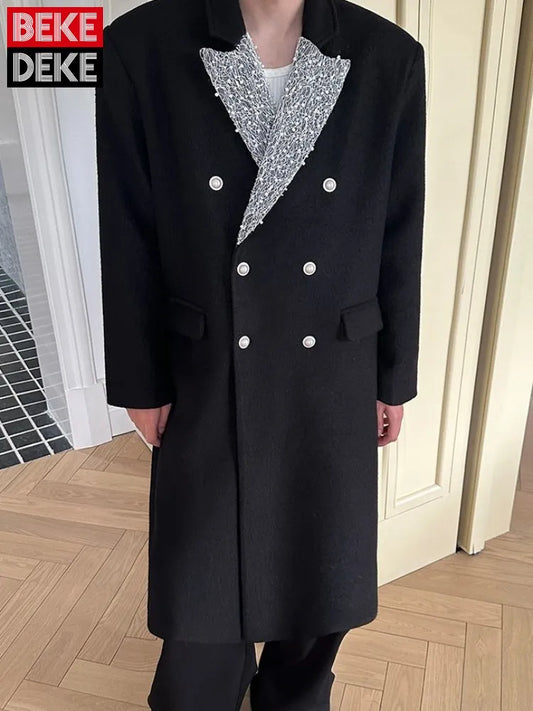 New Mens Designer Autumn Winter Woolen Coat Double Breasted Loose Fit Elegant Party Overcoat Casual Office Men Fashion Trench