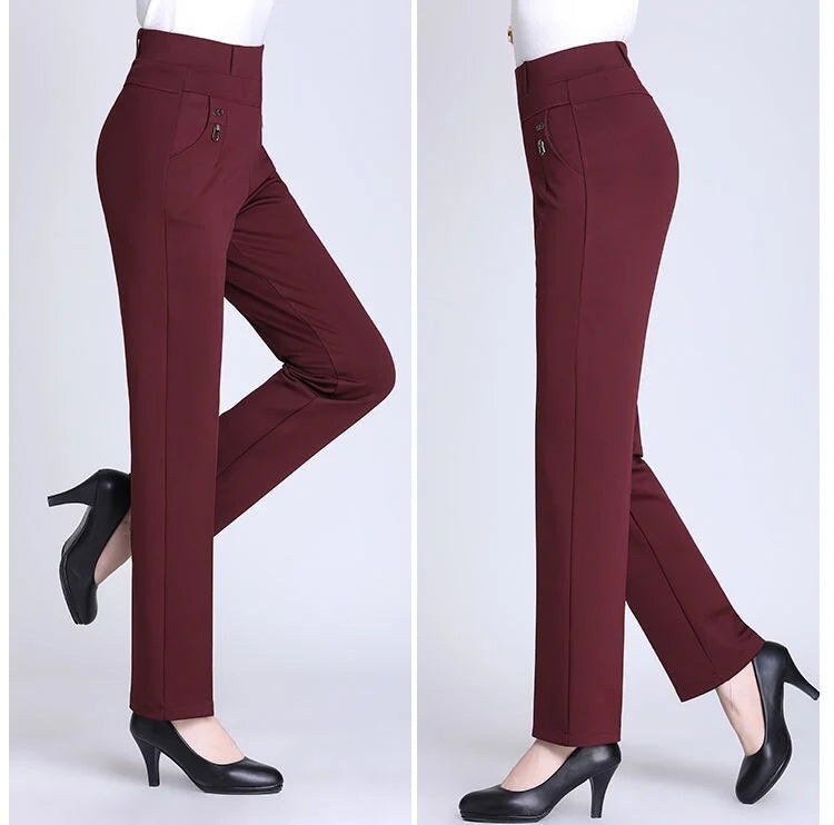 High Waist Fleece Lined Slimming Pants for Middle-Aged And Elderly Women Casual Long Pants Straight Leg Elastic Ankle Pants
