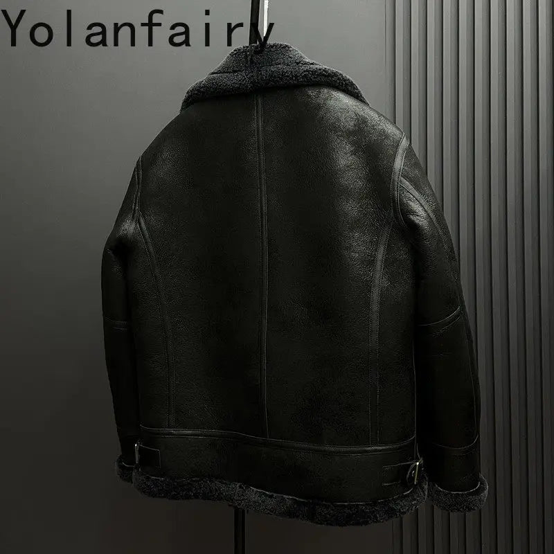 YOLANFAIRY 100% Genuine Sheepskin Leather Jacket Man Winter Warm Natural Fur Coat Motorcycle Jackets Men's Leather and Fur Coats