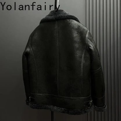 YOLANFAIRY 100% Genuine Sheepskin Leather Jacket Man Winter Warm Natural Fur Coat Motorcycle Jackets Men's Leather and Fur Coats