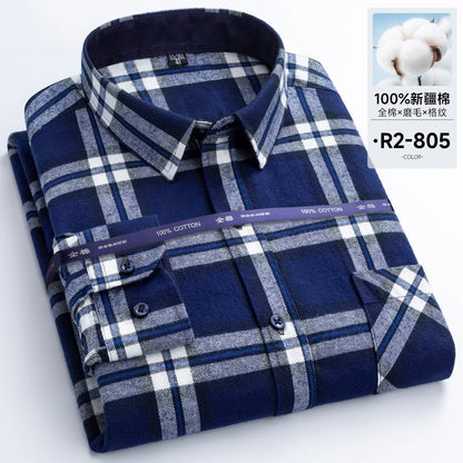 Men's long-sleeved cotton jersey checked shirt - suitable for daily work in all seasons, featuring fashionable style.