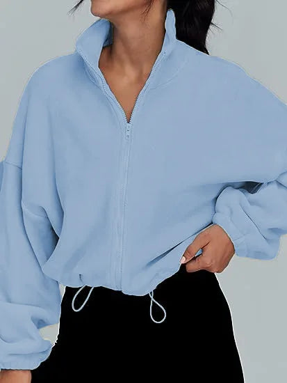 New Fashion Fall Winter Women's Short Zipper Hoodie Cropped Sweatshirt Drawstring Waist Puff Sleeve Pullover Y2k Clothing
