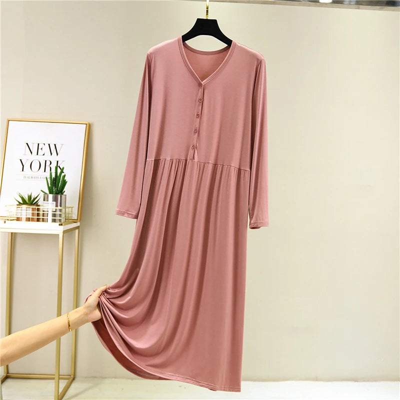 Early Autumn 2024 Women's V-Neck Long Sleeve Dress Loose Button-Up Modal Dress for Home Wear Midi Skirt A-Line Silhouette
