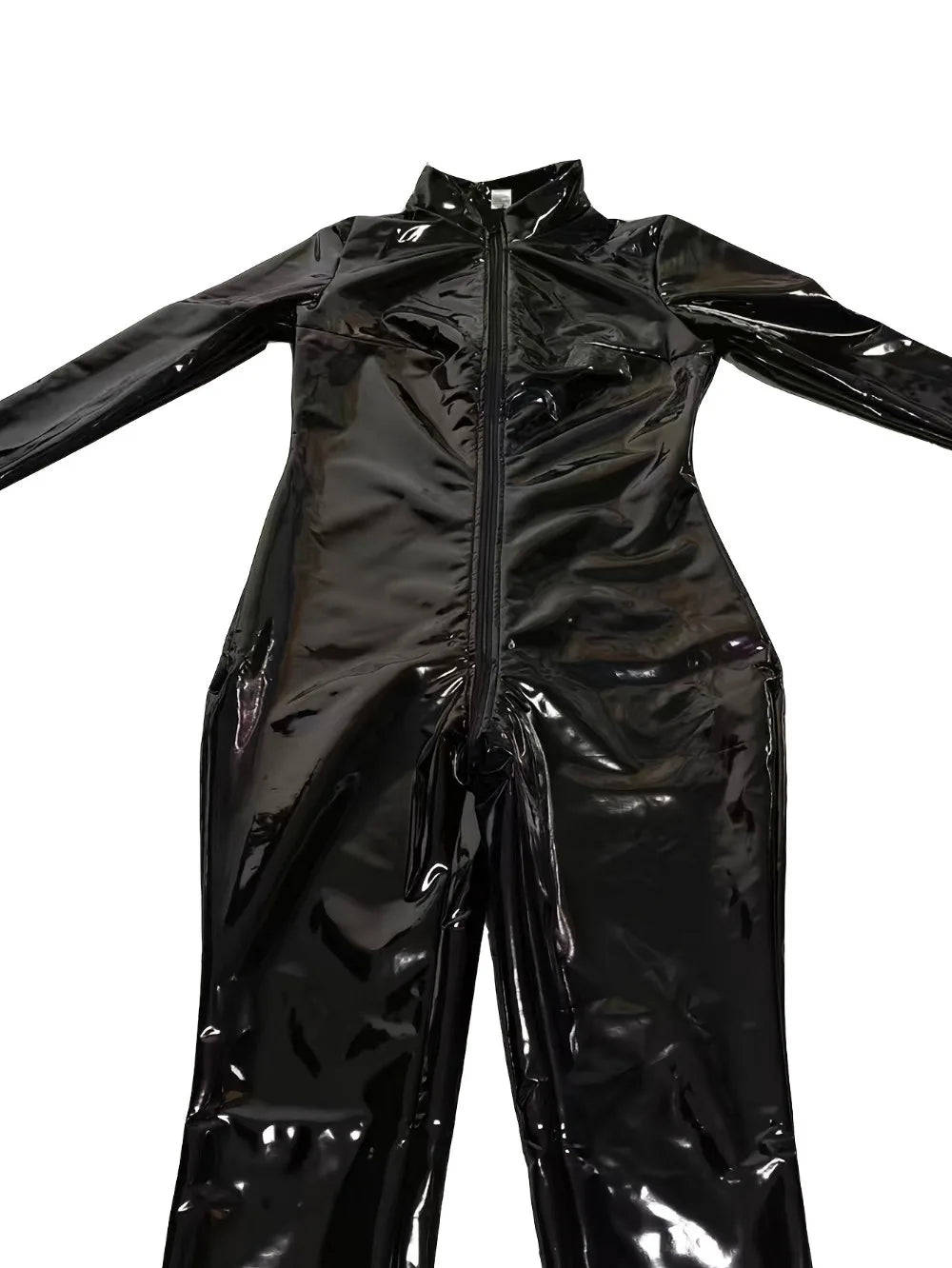 Women's Sexy Glossy Elastic PU Tights Turtleneck Front Zipper Open Women's Imitation Leather Catsuit Jumpsuit Bodysuit