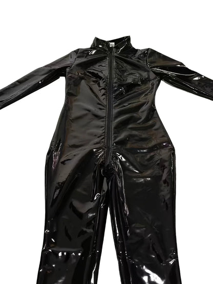Women's Sexy Glossy Elastic PU Tights Turtleneck Front Zipper Open Women's Imitation Leather Catsuit Jumpsuit Bodysuit