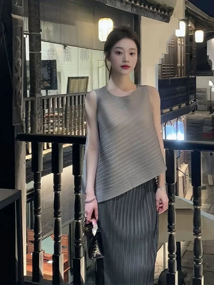 Unique Folded Design Sleeveless Top Set for Small Women Elegant Suitable Travel Wear Polyester Summer T-Shirt round Neck High...