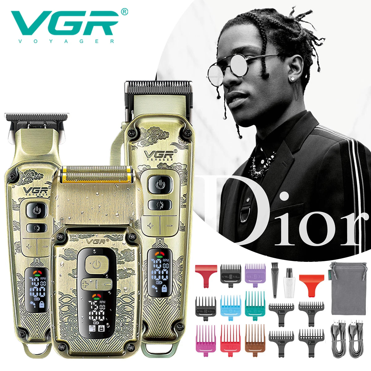 VGR professional high-end hair trimmer set, retro metal electric push shear, home LED intelligent digital hair clipper, shaver