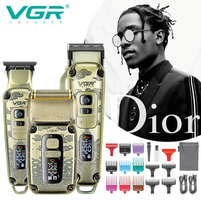 VGR professional high-end hair trimmer set, retro metal electric push shear, home LED intelligent digital hair clipper, shaver