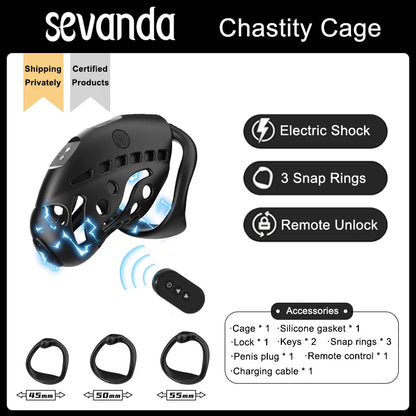 Sevanda Electric Shock Male Chastity Cage Remote Control Chastity Device Sexy Adult Man Cock Cage Penis Plug Cock Ring Sex Toys