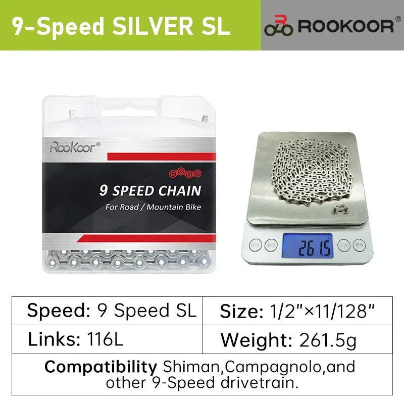 Rookoor Bicycle Chain 6 7 8 9 10 11 Speed Velocidade Titanium Plated TI Gold Silver Mountain Road Bike MTB Chains Part 116 Links
