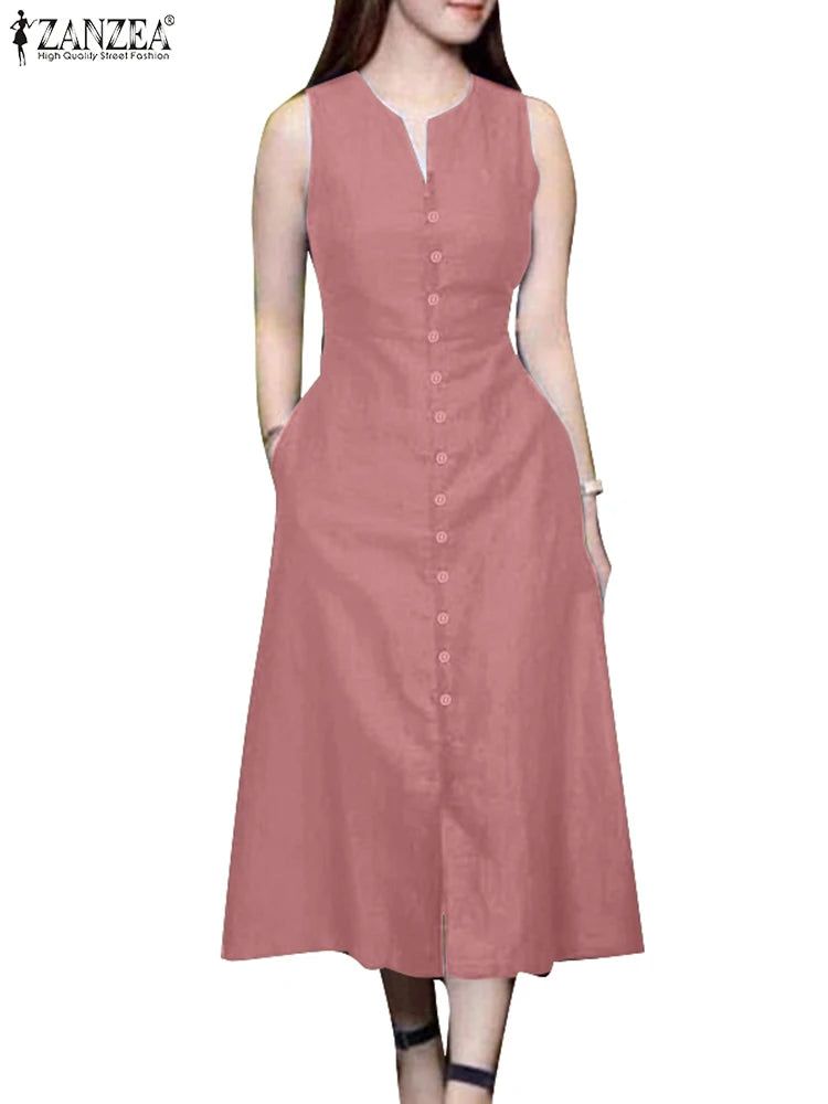 ZANZEA 2025 Summer Sundress Women Stylish Solid Party Holiday Vestidos Elegant V Neck Sleeveless Midi Dress Robe Femme Kaftan