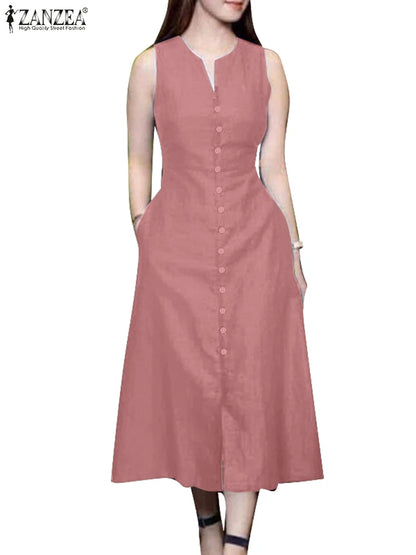 ZANZEA 2025 Summer Sundress Women Stylish Solid Party Holiday Vestidos Elegant V Neck Sleeveless Midi Dress Robe Femme Kaftan