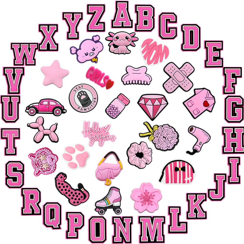 1/50PCS Pink Style Alphabet Women Shoe Charms Accessories Pins for Clog Fashion Women Shoe Buckle Decorations Tote Bag Pendant