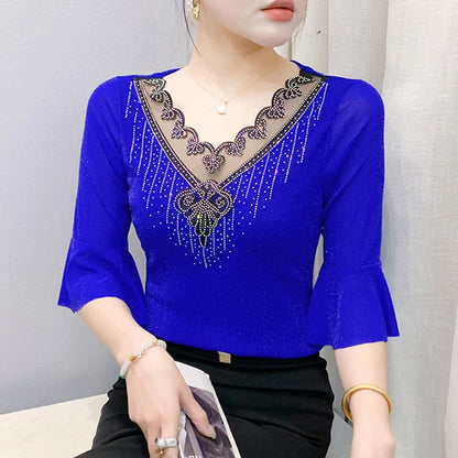 2026 Spring Summer Mesh Tops Korean Fashion Diamond T Shirt Slim 3/4 Sleeve Hollow Out Casual Women Shirt