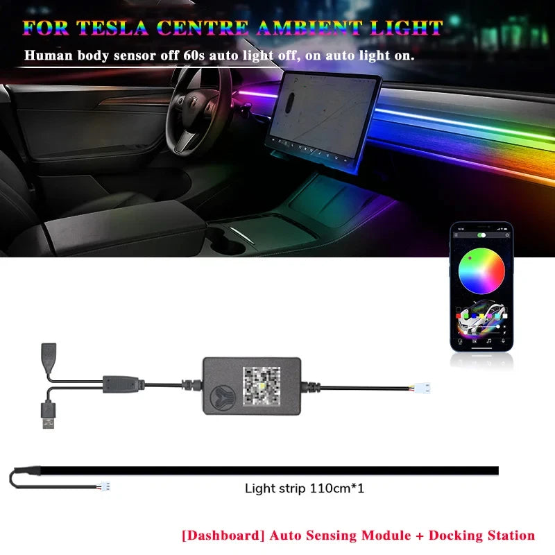 For Tesla Model 3 Model Y Car Ambient Light 60 Seconds Automatic OFF Module With USB Expansion Dock RGB APP Dashboard Lighting