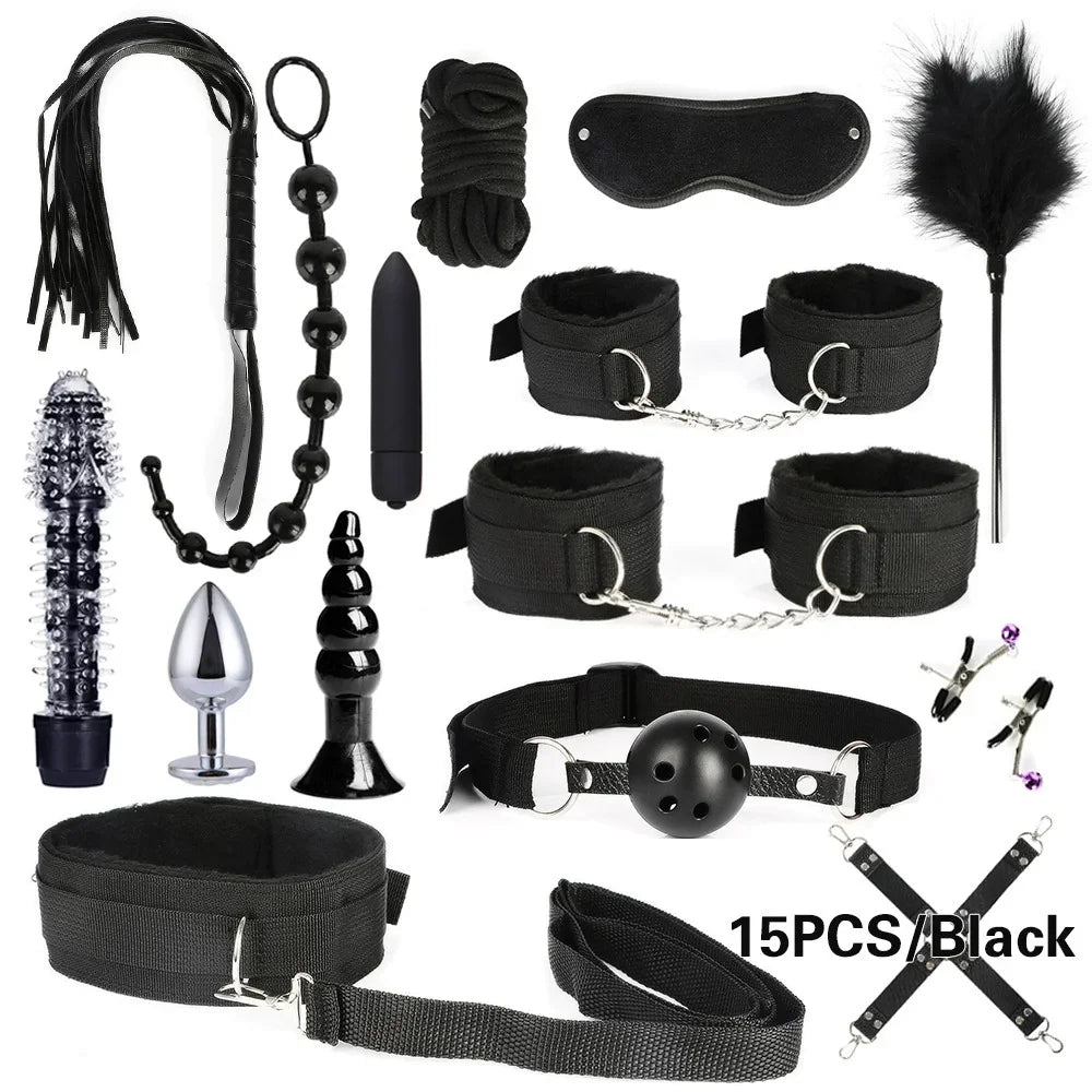 Sex Products Erotic Toys for Adults BDSM Sex Bondage Set Handcuffs Nipple Clamps Gag Whip Rope Sex Toys For Couples
