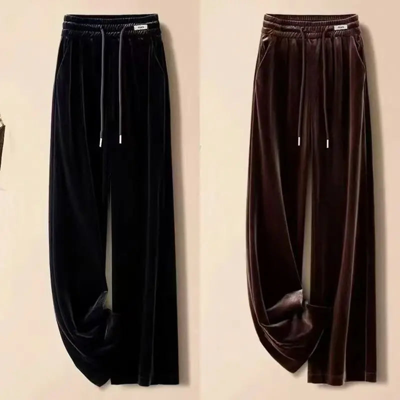 Fashionable Gold Velvet Wide Leg Pants Women's Winter Loose Slimming High Waist Fleece Casual Straight Long Trousers