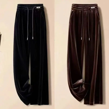 Fashionable Gold Velvet Wide Leg Pants Women's Winter Loose Slimming High Waist Fleece Casual Straight Long Trousers