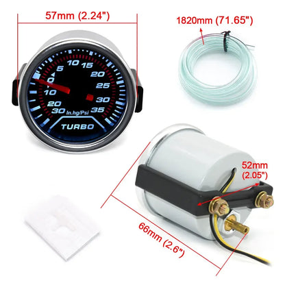 52mm Racing Gauge 12V LED Smoke Len -1~0~2 BAR Turbo Boost Water Temperature Oil Pressure Voltmeter Air Fuel Ratio Meter For 12V