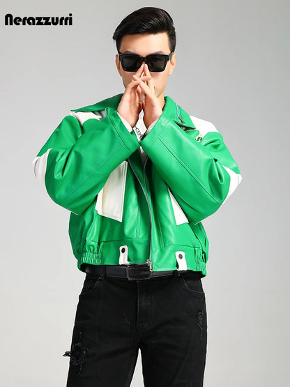 Nerazzurri Autumn Winter Short Quilted Warm Oversized Green and White Patchwork Pu Leather Jacket Men Luxury Designer Menswear
