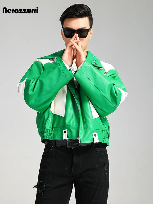 Nerazzurri Autumn Winter Short Quilted Warm Oversized Green and White Patchwork Pu Leather Jacket Men Luxury Designer Menswear