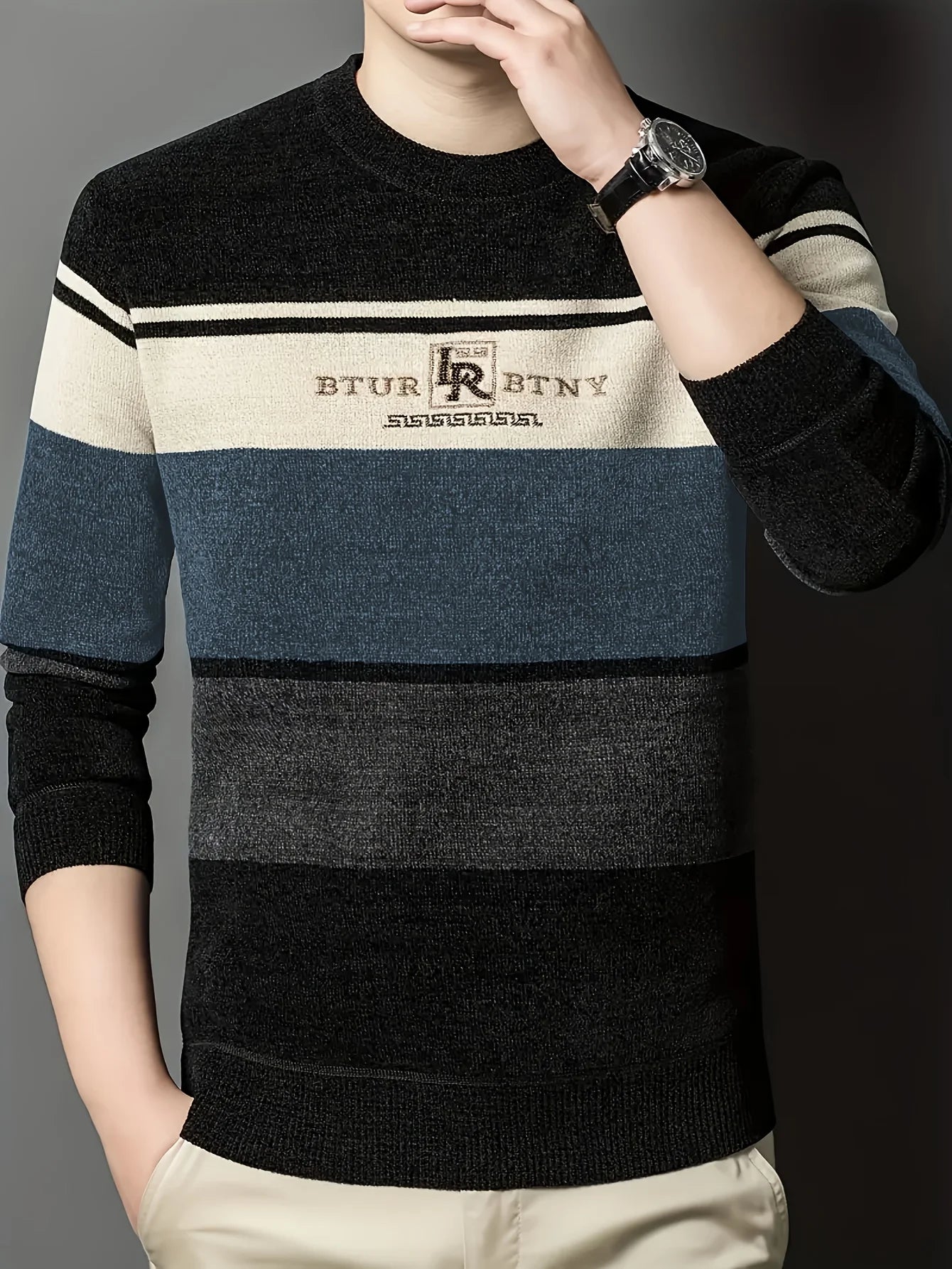 LVLAEA Autumn Winter Trendy Knitted Pullover, Men's Striped Letter Embroidery Long Sleeve Round Neck, Old Money Style Casual Top