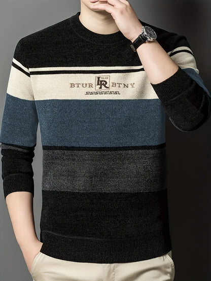 LVLAEA Autumn Winter Trendy Knitted Pullover, Men's Striped Letter Embroidery Long Sleeve Round Neck, Old Money Style Casual Top