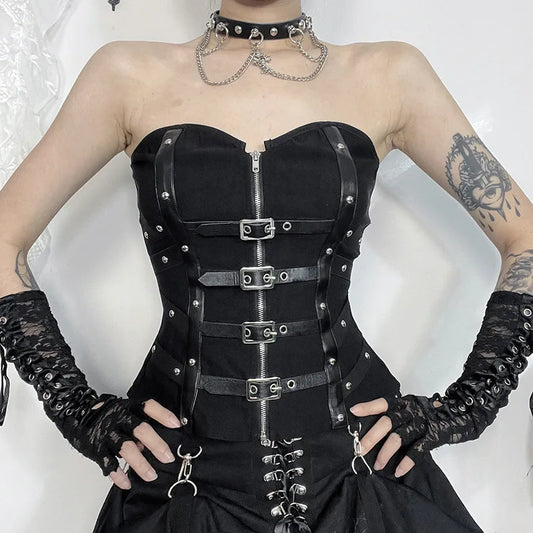 Goth Dark Punk Grunge Leather Buckle Strapless Corset Tops Mall Gothic Zip Women Tupe Top Y2K Coquette Streetwear Alt Tanks Vest