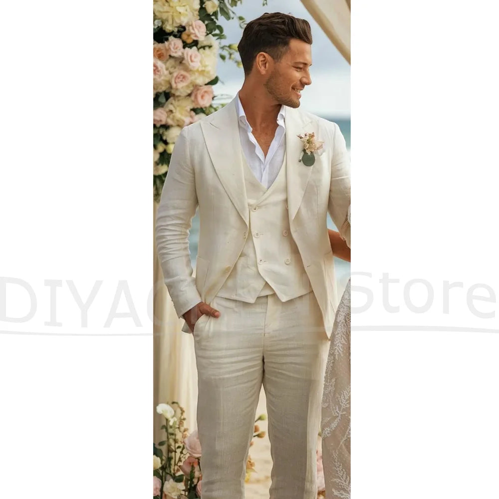 Fashion Linen Men Suits Peak Lapel Single Breasted Smart Casual Wear Chic Groom Wedding Party Tuxedos Customized Male Suit