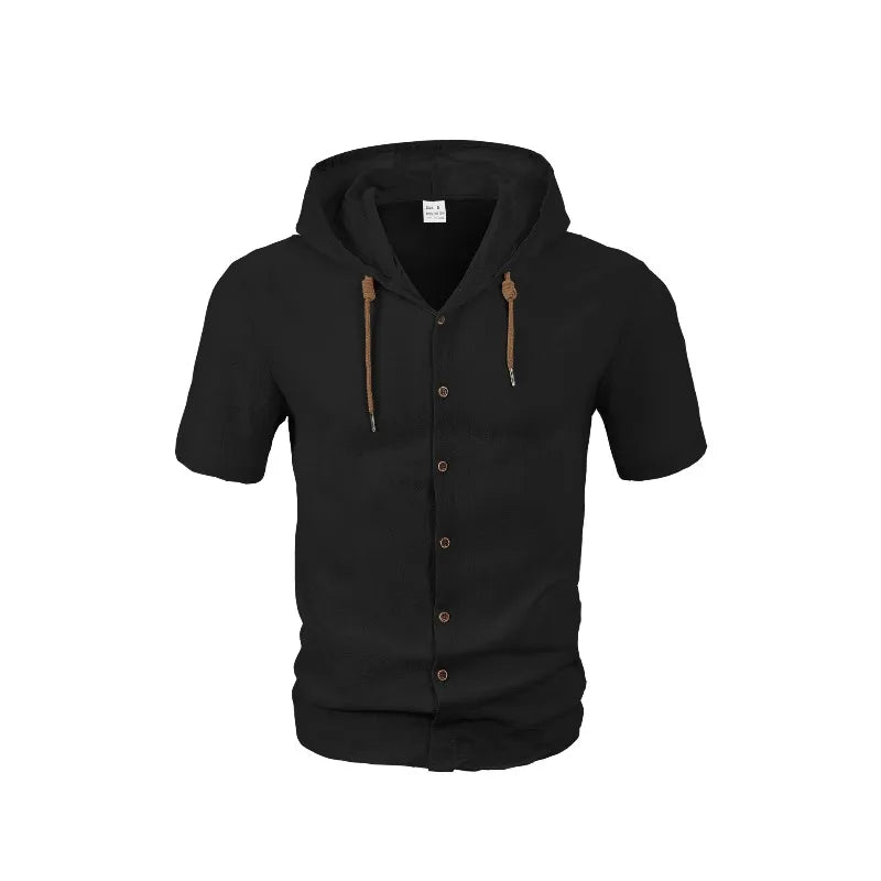 Men's Hooded Button Down Shirt Short Sleeve Linen Look Casual Top Drawstring Summer Beach Vacation Shirt 2026