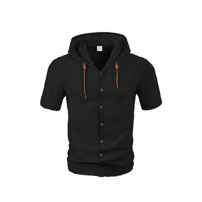 Men's Hooded Button Down Shirt Short Sleeve Linen Look Casual Top Drawstring Summer Beach Vacation Shirt 2026