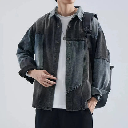 American Retro Spliced Denim Jacket, Men's Spring and Autumn New Trendy Brand Loose Casual Shirt, Tooling Jacket Top