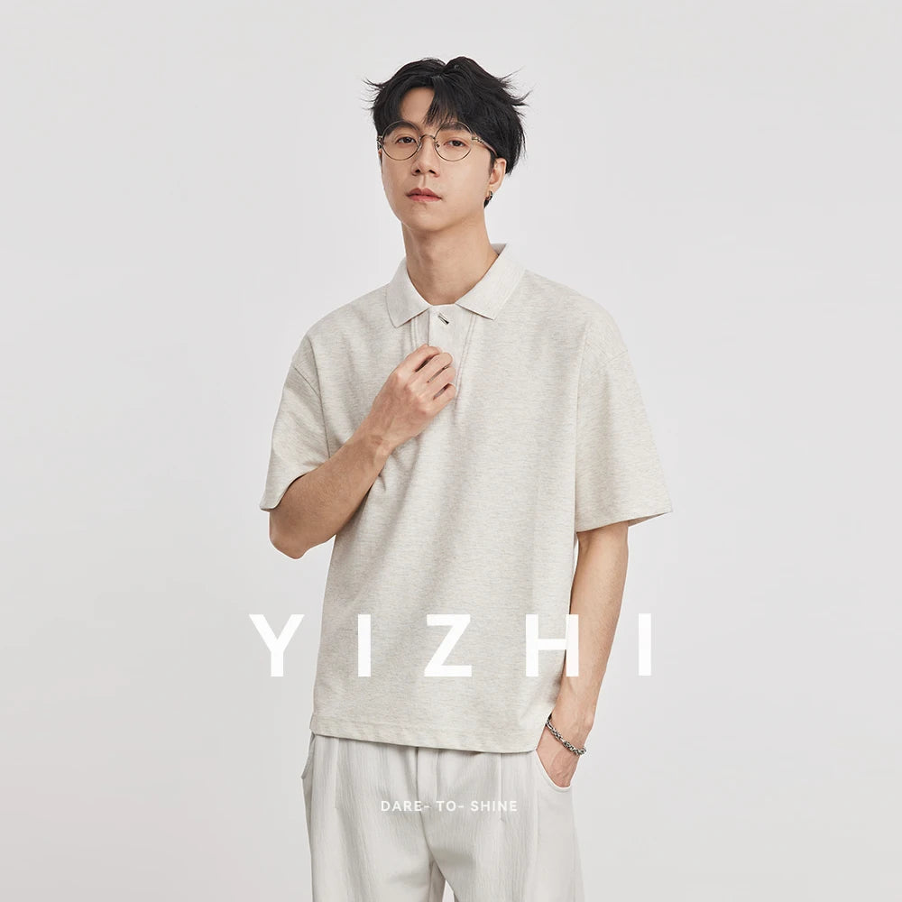 2026 Summer Men's 220g Heavyweight Waffle Polo Shirt Loose Lapel Breathable Soft Solid Color Basic Short Sleeve Tops