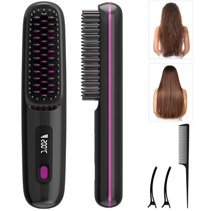 Hair Straightener Brush with 3 Temp Settings, Fast Heating & Auto-off, Portable Rechargeable Ionic Straightening Comb for Women
