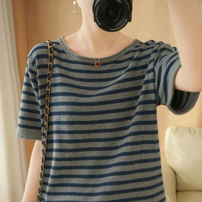 100% Pure Cotton Summer Stripe Short Sleeve T-Shirt Women Loose round Neck Vest Cotton Linen Half Sleeve Commute Style Simple
