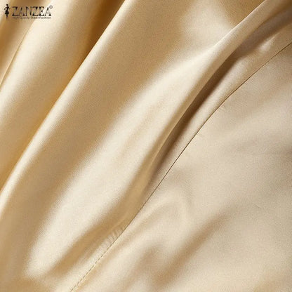 ZANZEA Elegant Chic Women Satin Wedding Guest Party Long Dresses Square Neck Short Puff Sleeve Fitted Waist A-Line Dress S-3XL
